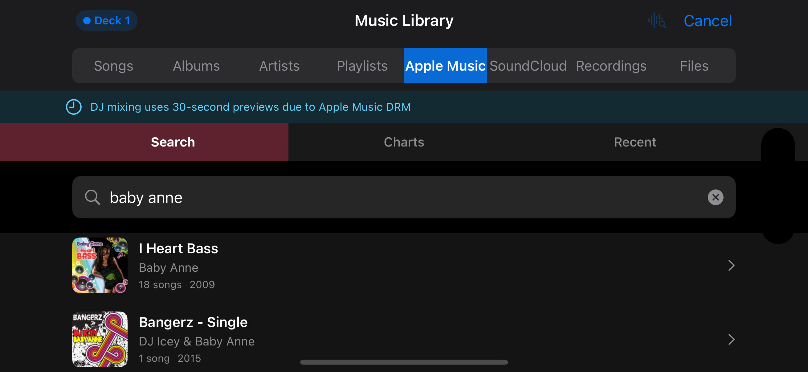 Tremor music library with tabs for Apple Music, SoundCloud, Recordings, and Files