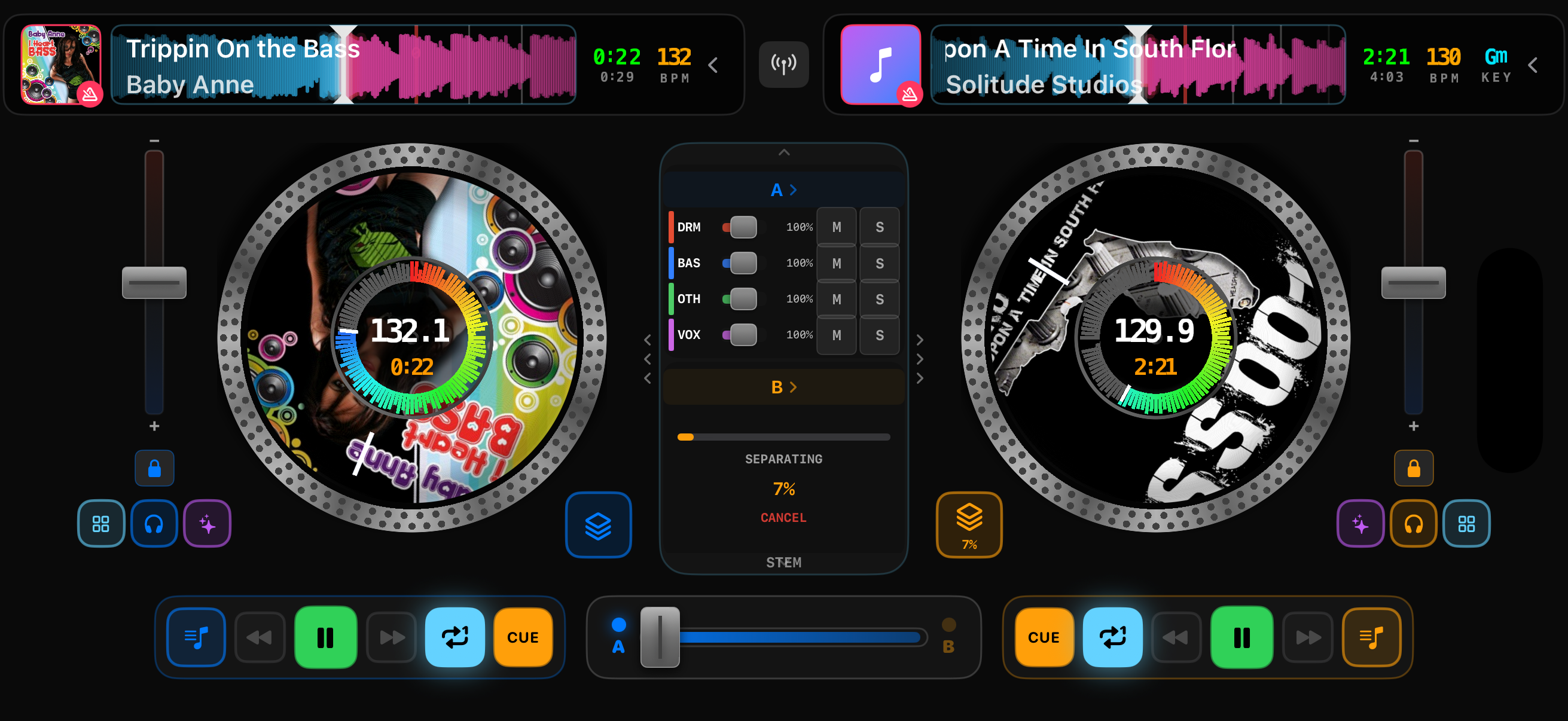Tremor stem separation controls showing Drums, Bass, Vocals, and Other faders